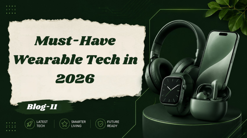 Must-Have Wearable Tech in 2026 with smartwatch, smart ring, fitness band, and wireless earbuds