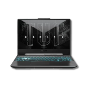 ASUS TUF gaming laptop with black design, backlit keyboard and gaming display