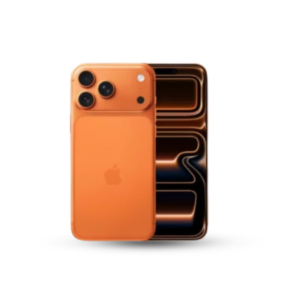 Orange iPhone Pro Max smartphone showing front and back with triple camera system