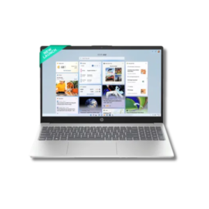 HP silver laptop with clear display, full-size keyboard and modern design